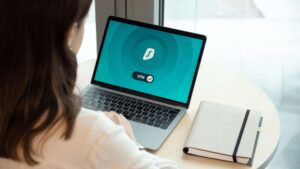 Laptop screen with an active VPN connection, emphasizing online privacy and secure browsing.