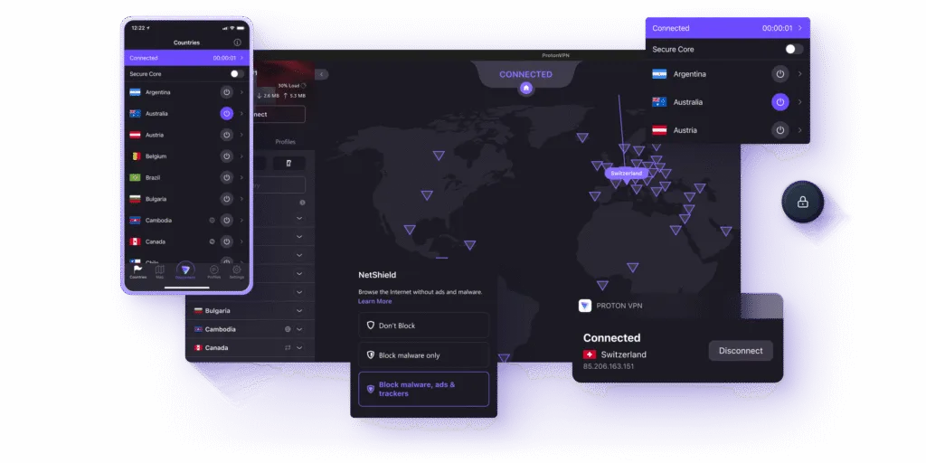 ProtonVPN Secure Core and NetShield features displayed on desktop app interface
